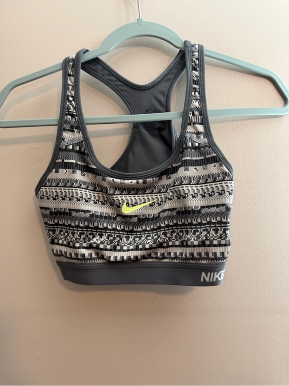 Nike Grey Patterned Racerback Sports Bra with Neon Lime Swoosh